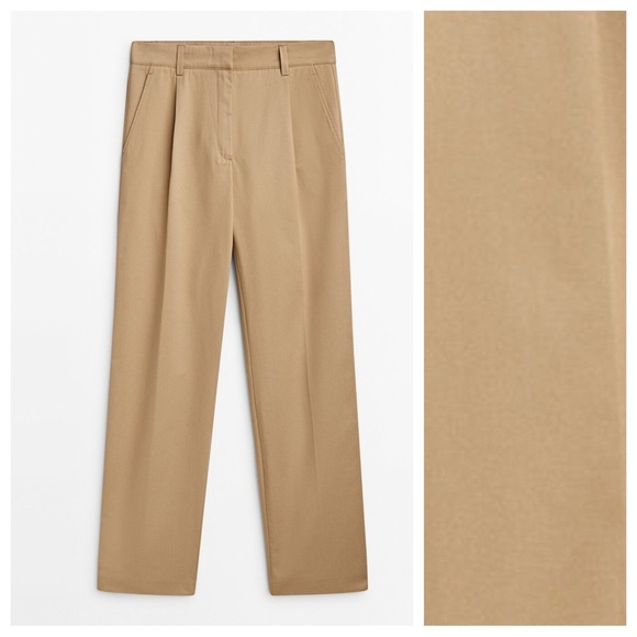 NWT. Massimo Dutti Camel Cotton Darted Straight Fit Trousers. Size 2. - Picture 1 of 10